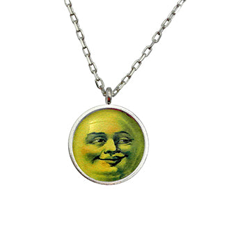 Man in the Moon Face with Flying Witch Charm and Purple Heart Bead Necklace