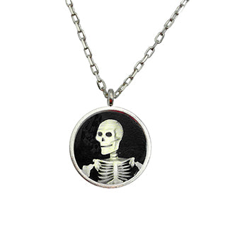 Smiling Skeleton with Bat Charm and Purple Heart Bead Necklaces