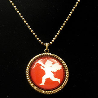 White Cupid with Red Background 25mm Round Necklace