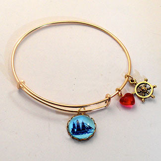 Sailing Ship with Captain's Wheel Charm and a Red Heart Bead Charm Bracelet