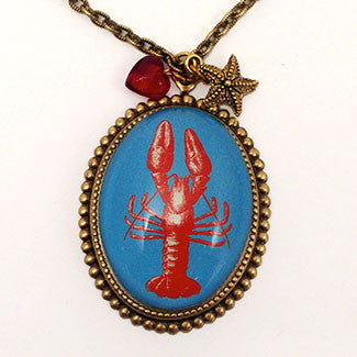 Red Lobster with Star Fish and a Red Heart Bead Charm Deluxe Pendant Necklace