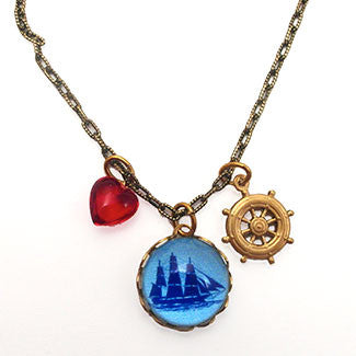 Sailing Ship with Captain's Wheel Charm and a Red Heart Bead Charm Necklace