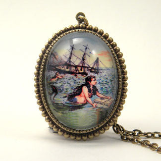 Over The Waves Mermaid Nautical Image Pendant Necklace