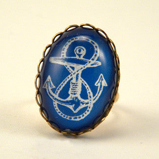 Anchors Away Blue & Red Classic Anchor Illustration Cocktail Ring