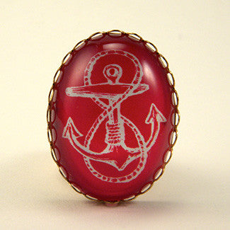 Anchors Away Blue & Red Classic Anchor Illustration Cocktail Ring
