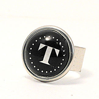 Monogram - Small Sterling Silver Plate Black Background Adjustable Ring