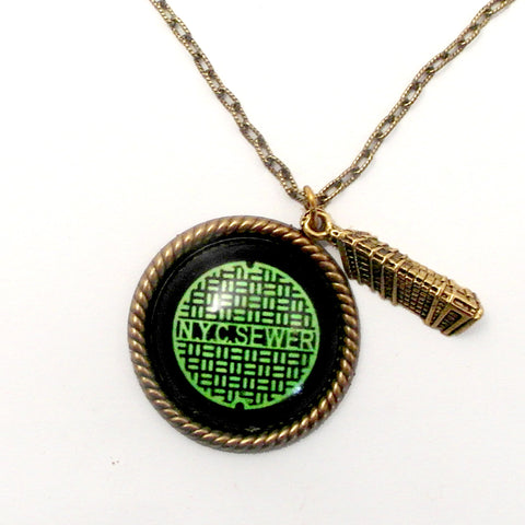 Green New York City Manhole Cover with Flat Iron Building Charm Necklace