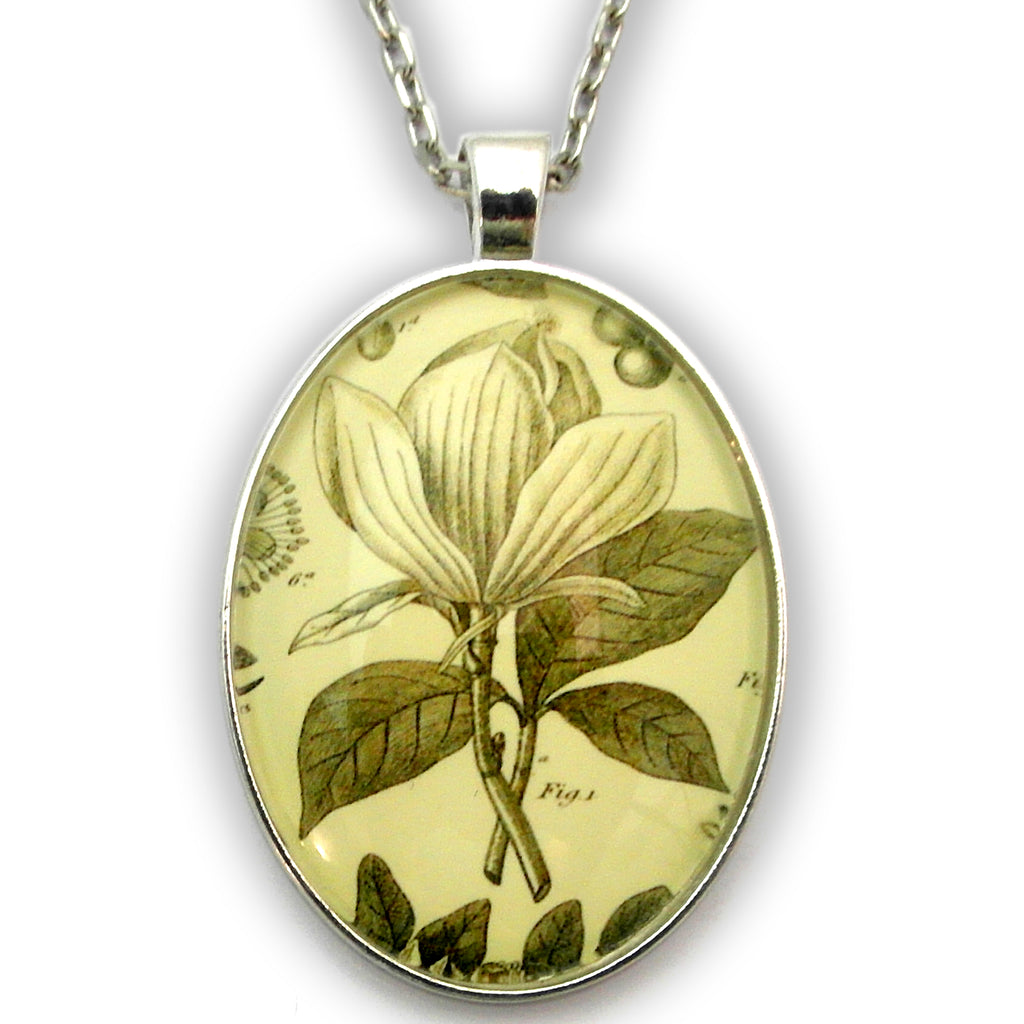 Rustic Petals Vintage Botanical Flora Engraving Pendant Necklace in New Silver or Classic Vintage Setting