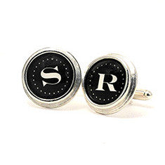 Monogram _ Cuff Links Sterling Silver Plate White Letters on Black Background